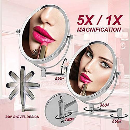 Wall Mounted Bathroom Makeup & Shaving Mirror, Double Sided 5X & 1X Magnification, 13-Inch Extension Swivel Arm, Oval 6.6" x 8.6" Glass Area, Chrome