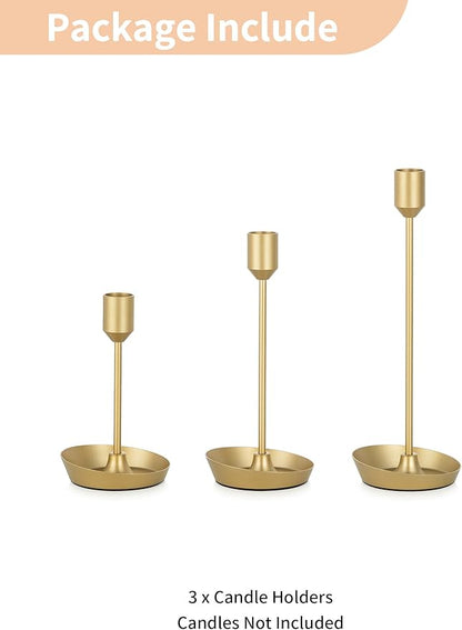 NUPTIO Taper Candle Holders for Centerpiece: 3 Pcs Matte Gold Candlestick Holder for Wedding - Brass Tall Candle Stick Holder for Christmas Party Dinner Table Fireplace Decor