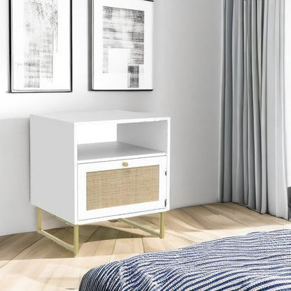 Nathan James Mina Rattan Wood End Side Accent Table Nightstand with Storage for Living Room or Bedroom, 1, White/Gold