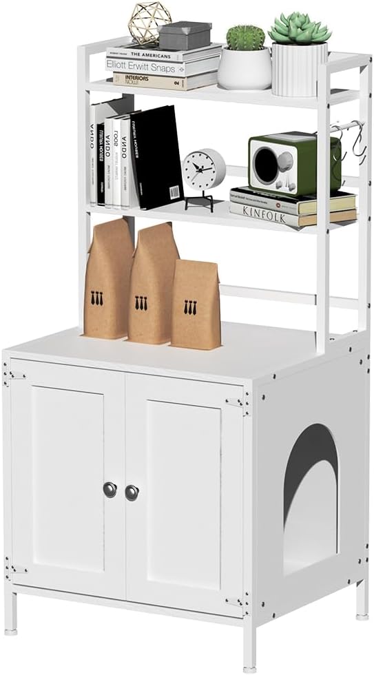 Tohomeor Litter Box Enclosure with Shelves and Doors Vintage Wooden Hidden Cat Litter Box Furniture Industrial Indoor Cat House Washroom-Mewly Pet