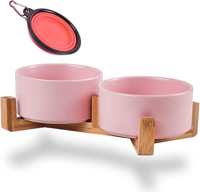 Petygooing Ceramic Cat Dog Bowl Set with Stand,Pink Pet Food and Water Dish,Small Dog Bowls Anti Slip Set of 2 Cat Bowls Pet Food Dishes Pet Bowl Small Size Pet (13.5OZ/5.1 in)-Mewly Pet