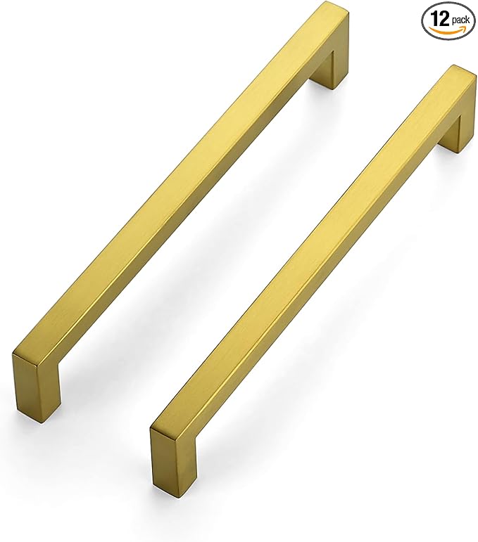 JOY DECOR 12 Pack Cabinet Handles, Gold Cabinet Pulls, 7-1/2 Inch Kitchen Closet Handles Square Drawer Pulls Stainless Steel Drawer Hardware, 192mm Hole Centers