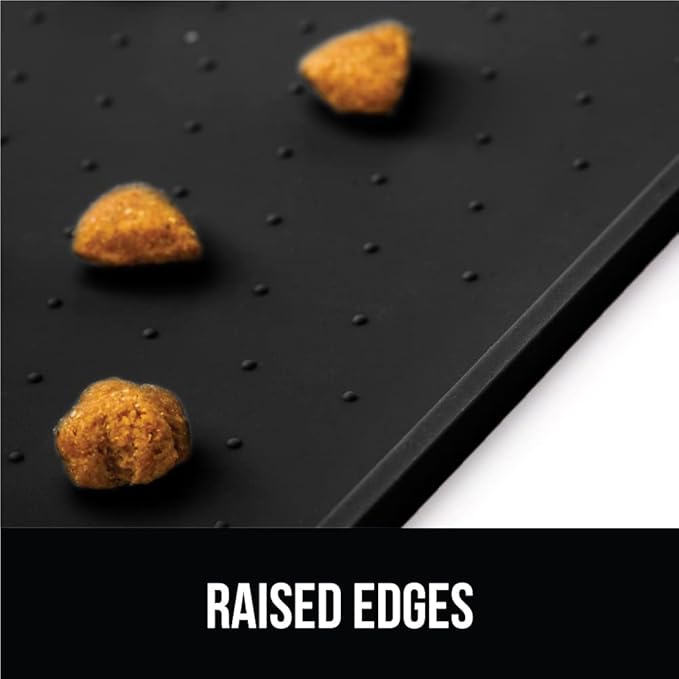 GORILLA GRIP 100% Waterproof Raised Edge BPA Free Silicone Pet Feeding Mat, Dog Cat Food Mats Contain Spills Protects Floors, Placemats for Cats and Dogs Water Bowl, Pets Accessories 16x10, Black-Mewly Pet