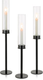 NUPTIO Hurricane Glass Candle Holders: 3 Pcs 23.6 & 21.7 & 19.7 in Tall Black Modern Metal Candlestick Tapers Holder with Cylinder Sleeves Antique Taper Candles Stand for Halloween Christmas Decor