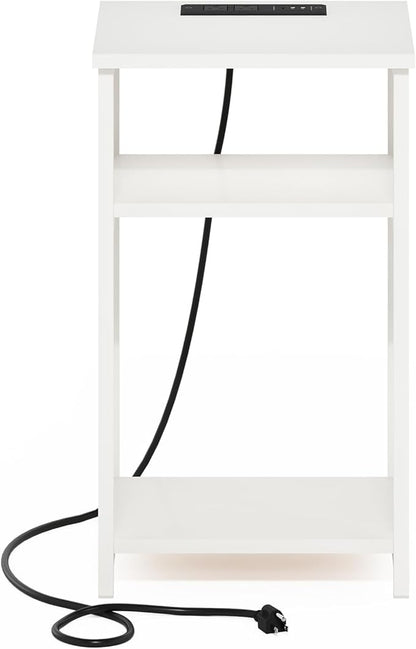 Furinno Moretti Side Table, 3-Tier End Table with Charging Station, Metal Frame Night Stand, Bedside Table with USB and Type-C Charging Port, for Living Room, Bedroom, White