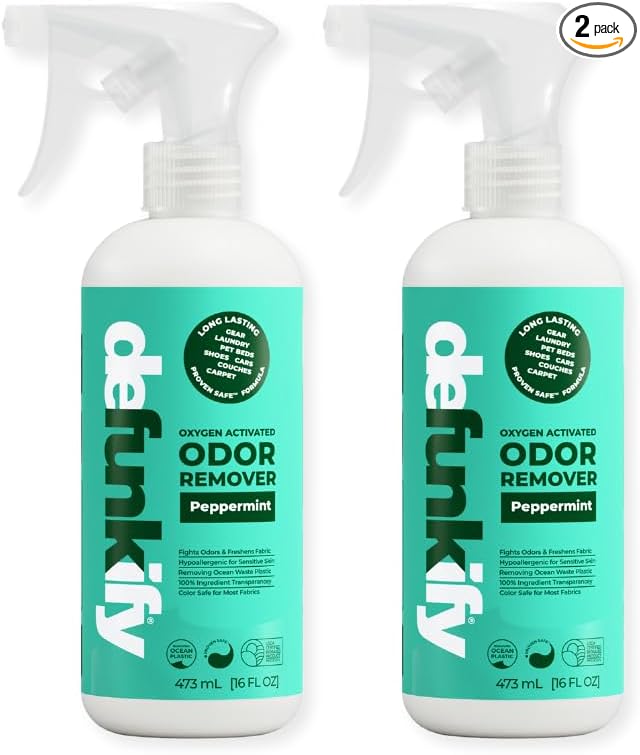 Odor Remover Spray, 16oz (2-Pack). 'Peppermint' Essential Oil Odor Eliminator for Strong Odors on Fabric, Shoes, Activewear. 'ProvenSafe' Deodorizer for Pets, Kids & Sensitive Gear w/Ionic Silver-Mewly Pet