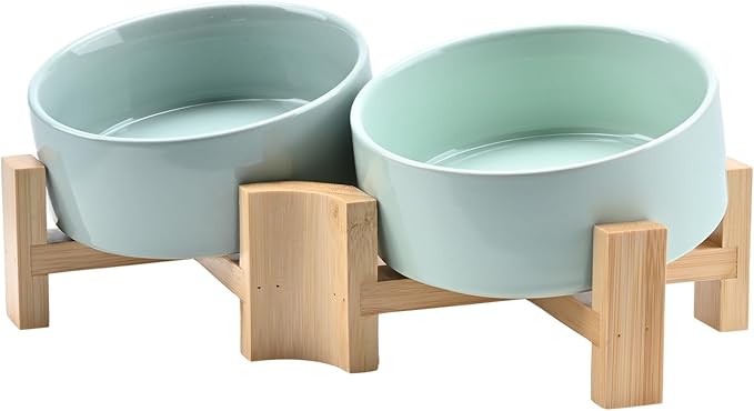 SPUNKYJUNKY 15° Slanted Ceramic Dog and Cat Bowl with Wooden Stand, Tilted Bulldog Food and Water Bowl No Slip Non-Spill for Cats Medium Dogs Big Face Pets 13.5 OZ (1.7 Cups, Morandi Green × 2)-Mewly Pet