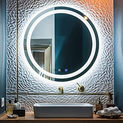 LED Round Bathroom Mirror, Wall Mounted Vanity Makeup Mirror with Anti Fog, Dimmable Touch Button, Adjustable Color Temperature, Memory Function 28 Inch by Fab Glass and Mirror