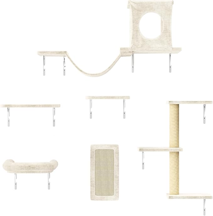 NUNU LAB Cat Wall Shelves, 6 Pcs Luxury Wall-Mounted Cat Climber Set, Indoor Cat Furniture with 1 Condos House, 2 Cat Wall Shelves, 1 Scratching, 1 Bridge Ladder, 1 Scratching Pad, White-Mewly Pet