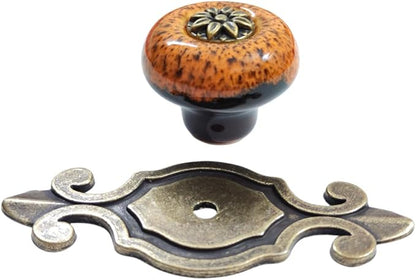 5 Pack Retro Ceramic Knobs,Vintage Dresser Kitchen Petal Cabinet Pulls Rustic Zinc Alloy Base Back Plate Kid Cupboard Wardrobe Drawer Door Handles (Leopard Print Orange)