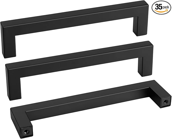 goldenwarm 35 Pack 6-1/4 Inch Black Cabinet Handles Matte Black Drawer Pulls Stainless Steel Cabinets Hardware Square Bar Modern for Kitchen Bathroom Cupboard