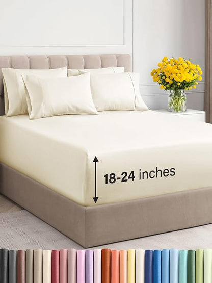 Extra Deep Full Sheet Set - 6 Piece Breathable & Cooling Sheets - Hotel Luxury Bed Sheets Set - Easy & Secure Fit - Soft, Wrinkle Free & Comfy Sheets Set - Off White Sheet Set with Extra Deep Pockets