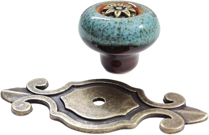 5 Pack Retro Ceramic Knobs,Vintage Dresser Kitchen Petal Cabinet Pulls Rustic Zinc Alloy Base Back Plate Kid Cupboard Wardrobe Drawer Door Handles (Leopard Print Blue)