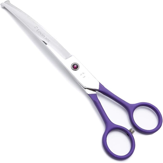 LovinPet Pet Grooming Scissors 7" Curved Right/Left-Handed Pet Round-Tip Grooming 6CR Stainless Steel Safety trimming shears for Dogs and Cats (Easy use Curved Scissor)-Mewly Pet