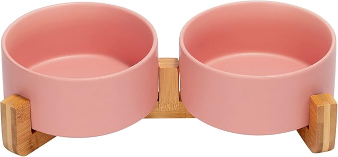 SPUNKYJUNKY Ceramic Dog and Cat Bowl with Wood Stand Non-Slip Matte Glaze Weighted Food Water Set for Cat Medium Dog 28.7 OZ-Mewly Pet