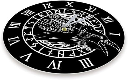 Geek Alerts Cawing Black Crow with Roman Numerals Silent Wall Clock 12inch Viking Odin Raven with Scandinavian Runes Battery Operated Quartz Watch