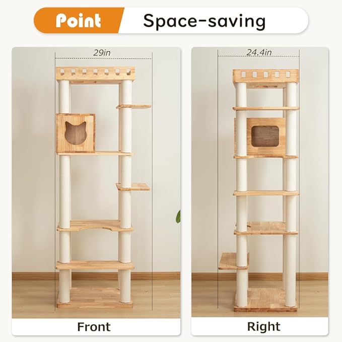 74" Wooden Cat Tree Tower for Large Cats, Multi-Level Cat Climbing Furniture with Scratching Posts, Cat Condo & Hammock, Natural Wood Cat Activity Center (White)-Mewly Pet