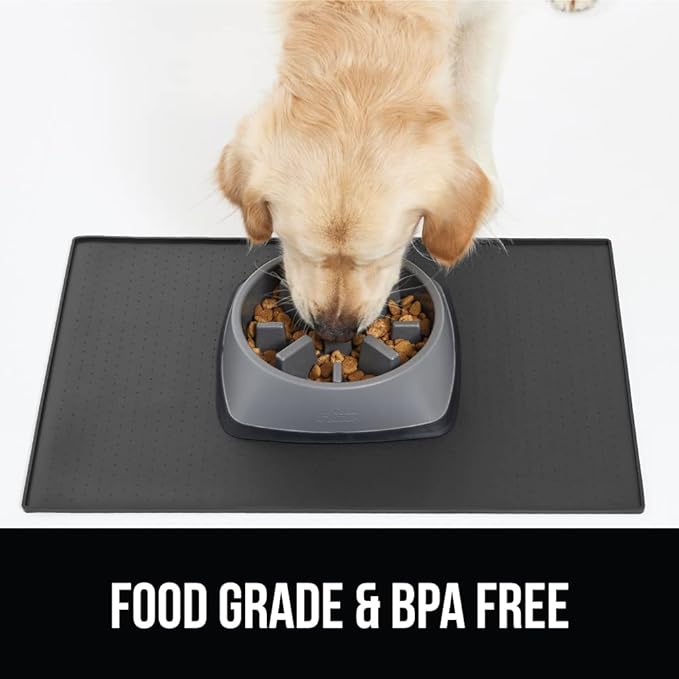 GORILLA GRIP 100% Waterproof Raised Edge BPA Free Silicone Pet Feeding Mat, Dog Cat Food Mats Contain Spills Protects Floors, Placemats for Cats and Dogs Water Bowl, Pets Accessories 16x10, Charcoal-Mewly Pet