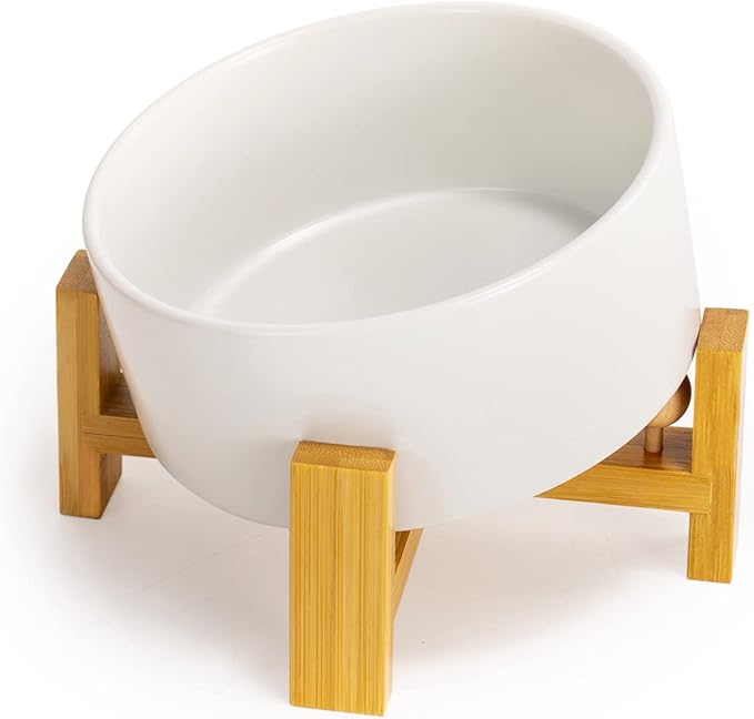 SPUNKYJUNKY 15° Slanted Ceramic Dog and Cat Bowl with Wooden Stand, Tilted Bulldog Food and Water Bowl No Slip Non-Spill for Cats Medium Dogs Big Face Pets 28.7 OZ (3.6 Cups, White)-Mewly Pet