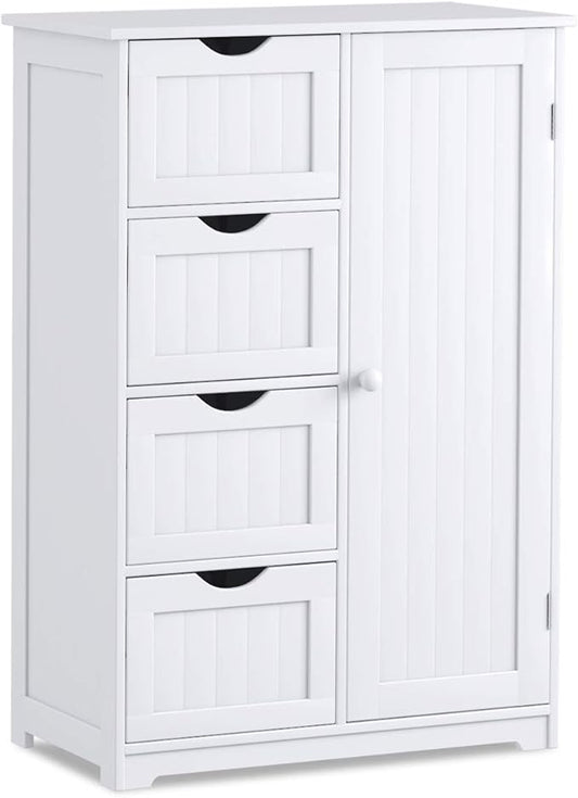 Giantex Storage Cabinet with 4 Drawers, Bathroom Storage Organizer with Cupboard, Adjustable Shelf, Anti-Toppling Device, Floor Cabinet, Entryway Storage Unit Console Table, White