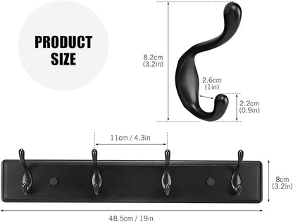 Wooden Coat Rack, Wall-Mounted Organizer for Closet, Entryway, Hallway, Foyer, Bedroom, Heavy Duty Double Hooks for Hanging Towels, Bags, Hats, Jackets, Key (Black, 4 Hooks)