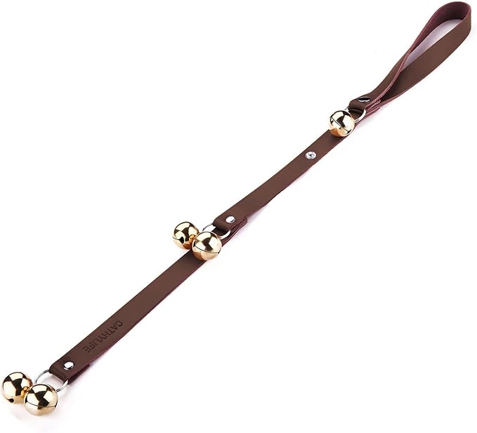Leather Dog Doorbells for Door Knob/Potty Training/Go Outside, Length Adjustment Copper Dog Bell, Housetraining Hanging Bell, Dark Brown Leather Golden Bells-Mewly Pet