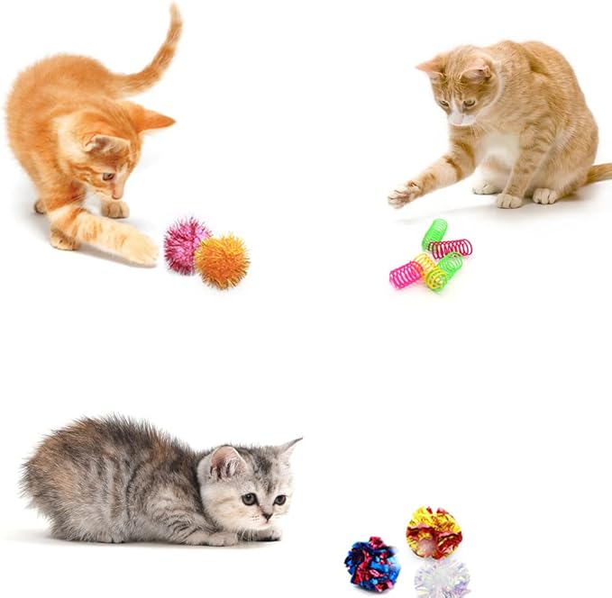 LASOCUHOO Cat Toys, 30 Packs Interactive Cat Toy Pack Including Cat Crinkle Balls, Cat Sparkle Balls, Spiral Springs for Most Cats-Mewly Pet