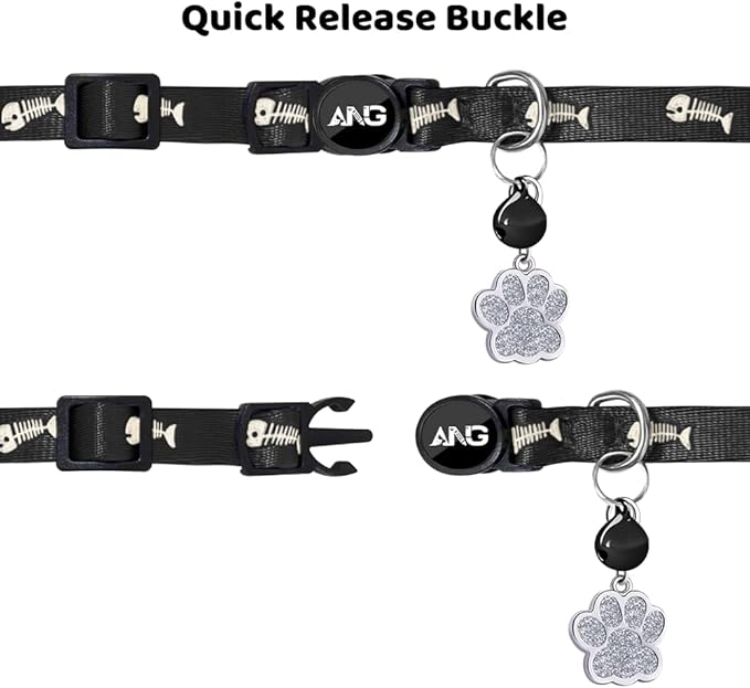 Personalized Breakaway Cat Collars Glow-in-The-Dark with ID Tag, Bell - Safety Quick - Release, Customizable for Female Male Kittens & Cats (Black)-Mewly Pet