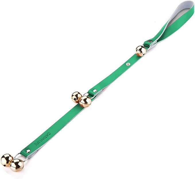 Leather Dog Doorbells for Door Knob/Potty Training/Go Outside, Length Adjustment Copper Dog Bell, Housetraining Hanging Bell, Green Leather Golden Bells.-Mewly Pet