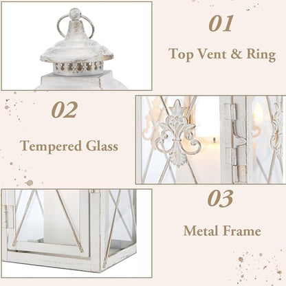 TRIROCKS Set of 2 Vintage Hanging Lantern - 13.5'' Decorative Metal & Tempered Glass Candle Holder - Ideal for Indoor/Outdoor Events, Patio, Garden, Parties White & Gold Brush Finish