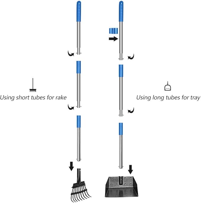 QiMH Upgraded Dog Pooper Scooper Extra Large, Adjustable Long Handle Stainless Metal Pet Poop Tray and Rake Set for Large Medium Small Dogs, Dog Waste Removal Bin Rake, Great for Grass, Street, Gravel-Mewly Pet