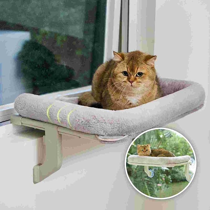 Cat Window Perch, Adjustable Cat Hammock for Large Cats, Mounts on Window Sills, Bedside, or Glass, Easy Installation and Removal, Washable Cushion Cover (20.5" W×15.7" L, Gray)-Mewly Pet