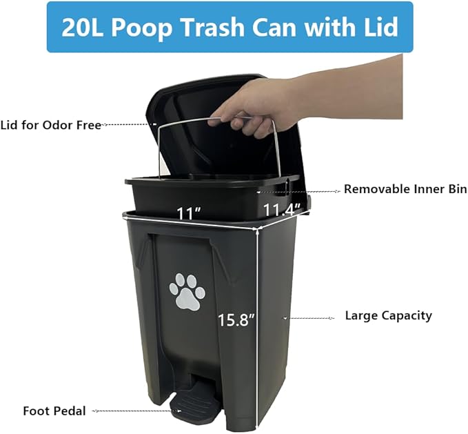 Dog Poop Trash Can for Outdoors with Extra Large Pooper Scooper & 50 Waste Bags - 20L/5 Gallon Large Dog Poop Trash Can Outside with Lid and Removable Inner Bucket Waterproof Odor Control for Backyard-Mewly Pet
