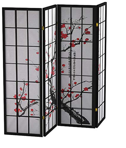 Roundhill Furniture Black Japanese 4-Panel Screen Room Divider, Plum Blossom