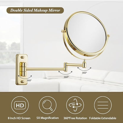 Cerdeco 8 Inch Double Sided Makeup Wall Mount Mirror with Gold Plated Finish 360 Swivel Extendable Cosmetic Shaving Mirror
