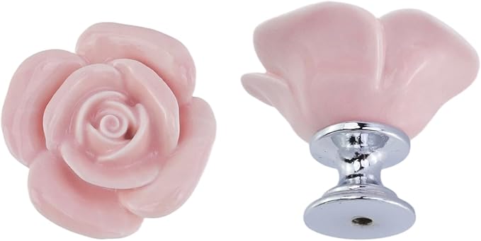 8PCS 1.57" × 1.3" Ceramics Light Pink Rose with Base Knobs Flower Shaped Pulls for Cupboard Drawer with 2 Kinds of Screws