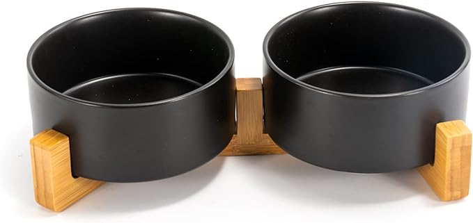SPUNKYJUNKY Ceramic Dog and Cat Bowl Set with Wooden Stand, Modern Cute Weighted Food Water Set for Large Size Dogs (7.6 Cups, 2 × Black)-Mewly Pet