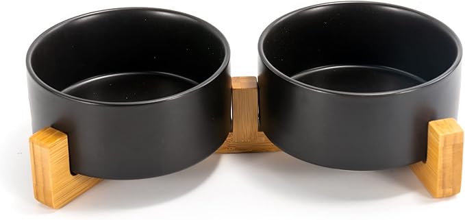 SPUNKYJUNKY Ceramic Dog and Cat Bowl Set with Wooden Stand, Modern Cute Weighted Food Water Set for Small Size Dogs (13.5OZ) & Medium Sized Dogs (28.7OZ) & Cats (3.6 Cups, 2 × Black)-Mewly Pet