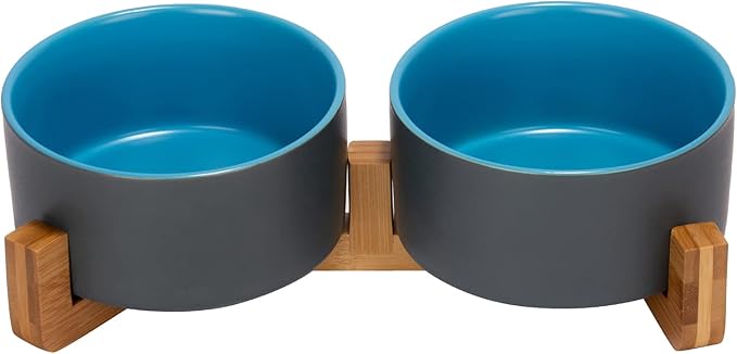 SPUNKYJUNKY Ceramic Dog and Cat Bowl Set with Wooden Stand, Modern Cute Weighted Food Water Set for Small Size Dogs (13.5OZ) & Medium Sized Dogs (28.7OZ) & Cats (3.6 Cups, 2 × Blue-Grey)-Mewly Pet