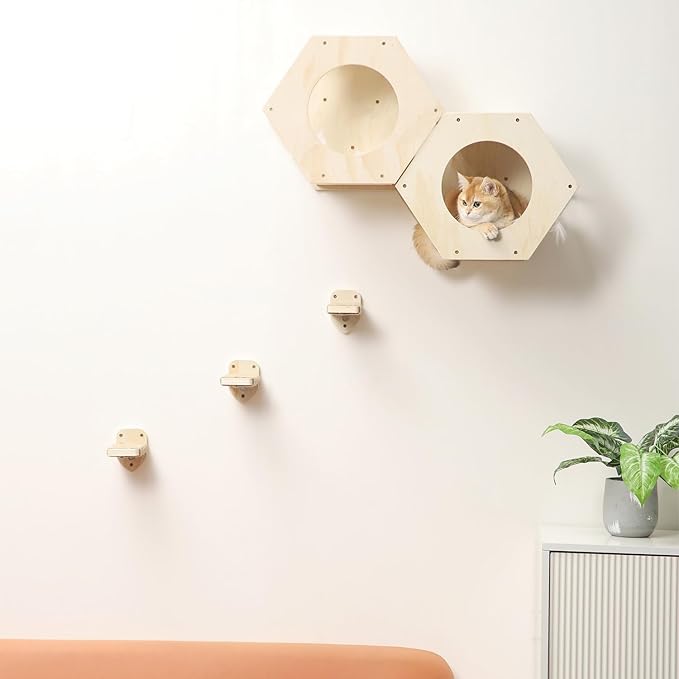 3 Pcs Cat Wall Steps, Cat Shelves and Perches for Wall, Wall-Mounted Cat Climbing Shelf with Hemp Rope Covered, Cat Wall Furniture Steps Set with Scratching Pads for Cats Playing and Climbing (Wood)-Mewly Pet