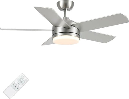 YUHAO 44 Inch Brushed Nickel Ceiling Fan with Light and Remote Control.Noiseless,Dimmable,3CCT,6 Speeds Reversible, DC Ceiling Fans for Indoor or Covered Outdoor