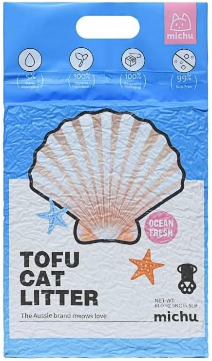 Tofu Cat Litter Natural Clumping Tofu Cat Litter, Fast Clumping and Easily Scoop-able 5.5lb/88oz 5 Scents - Ocean Fresh, 6 Pack-Mewly Pet