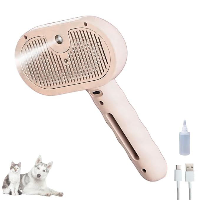 Pet Steam Brush for Cats Dogs, 3-in-1 Cat Grooming Tool with Water Spray and Quick Hair Release Button, Hair Removal Comb for Shedding, Steamy Brush (Pink)-Mewly Pet