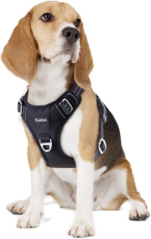 Funfox Dog Harness No Pull, Adjustable Pet Vest Harness, Super Soft Material with Vertical Handle Easy Control, Reflective Night Walking, 2 Leash Clips for Medium Sized Dogs, Black, M-Mewly Pet