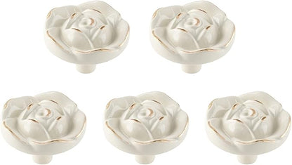 Uenhoy 5 Pcs Rose Drawer Knobs Vintage Dresser Knobs Antique Rose Flower Cabinet Knobs for Dresser Vanity Nightstand Closet with Screws (Ivory White with Golden Edge)
