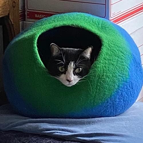 Woolygon Premium Felt Cat Cave Bed – Wool Kitty Beds Handcrafted Kitten Caves Bed for Indoor Cats - Made from 100% Eco-Friendly Merino Wool, Foldable Cat Hidewawy Covered Cat Houses (Emerald Indigo)-Mewly Pet