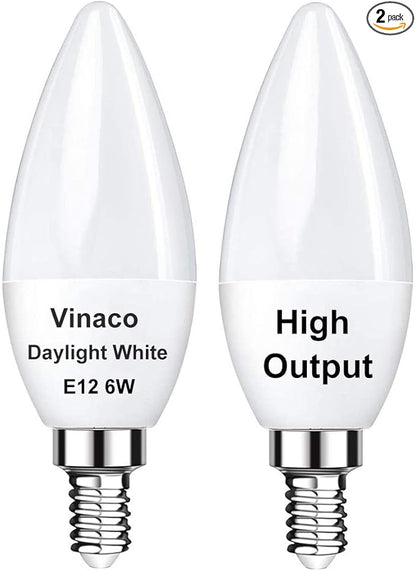 Vinaco E12 LED Bulb, 2 Pack E12 Candelabra Bulb 60 Watt Daylight White 5000K, High Brightness 600LM & 25000+ Long Lifespan E12 Bulb, E12 Candelabra Base, Light Bulb for Ceiling Fan Light Bulb