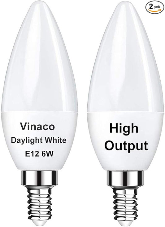 Vinaco E12 LED Bulb, 2 Pack E12 Candelabra Bulb 60 Watt Daylight White 5000K, High Brightness 600LM & 25000+ Long Lifespan E12 Bulb, E12 Candelabra Base, Light Bulb for Ceiling Fan Light Bulb