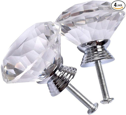 Joyhey 4 Pack 40 mm Diamond Shaped Glass Crystal Knobs with 3 Size Screws for Cabinet, Drawer, Cupboard, Dresser