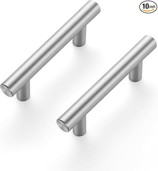 JOY DECOR 10 Pack 2-1/2 Inch Hole Centers Brushed Nickel Kitchen Cabinet Handles, 4 Inch Overall Length Stainless Steel Drawer Pulls for Cupboard, 64mm Hole Centers